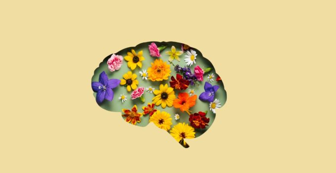Paper cut brain symbol and flowers on yellow background